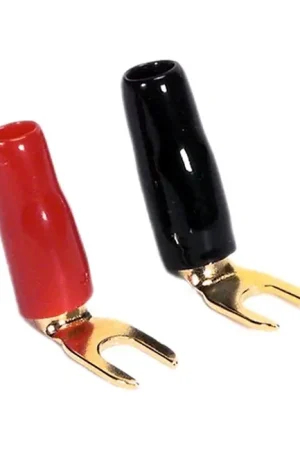 Soldes - DAYTON AUDIO Cosse Fourche Isolée Coudée Plaquée Or Ø3.5mm Noir/Rouge (x4)