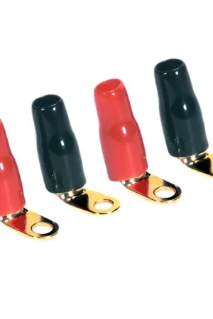 Incontournable | DAYTON AUDIO Cosse à Oillet Isolée Coudée Plaquée Or Ø4.6mm Noir/Rouge (x4)