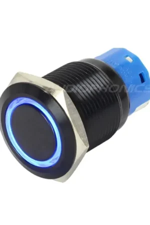 Bouton Poussoir Aluminium Anodisé avec Cercle Lumineux Bleu 1NO1NC 250V 5A Ø19mm Noir Tête biseautée - Fin de série