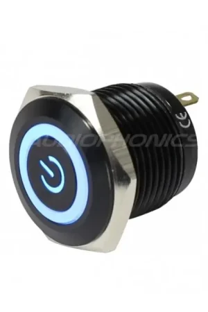 Prix usine - Bouton Poussoir Aluminium Anodisé avec Symbole Power Lumineux Bleu 1NO 36V 2A Ø16mm Noir