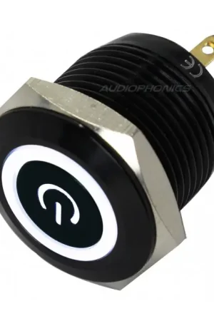 Bouton Poussoir Aluminium Anodisé avec Symbole Power Lumineux Blanc 1NO 250V 5A Ø16mm Noir | Derniers jours