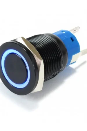 Bouton Poussoir Aluminium Anodisé avec Cercle Lumineux Bleu 1NO1NC 250V 5A Ø19mm Noir Tête plate | Qualité supérieure