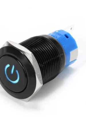Prêt à expédier - Bouton Poussoir Aluminium Anodisé avec Symbole Power Lumineux Bleu 1NO1NC 250V 5A Ø19mm Noir